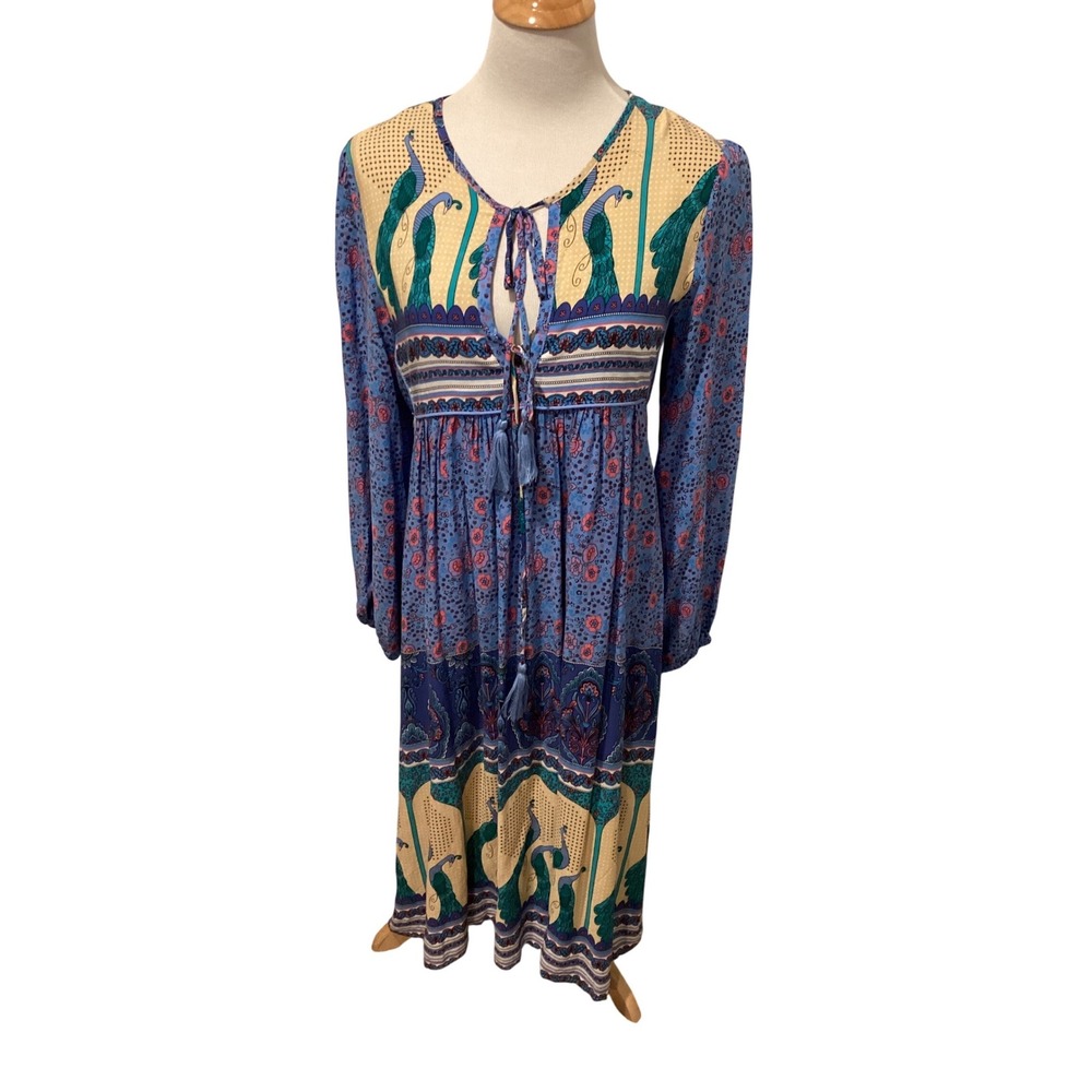 R.Vivimos Blue Peacock Floral Boho Maxi Dress Tassel Tie Long Sleeve Small 4/6